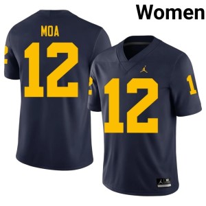 Navy Replica College Football MICH #12 Salesi Moa Women's Jersey 440125-763